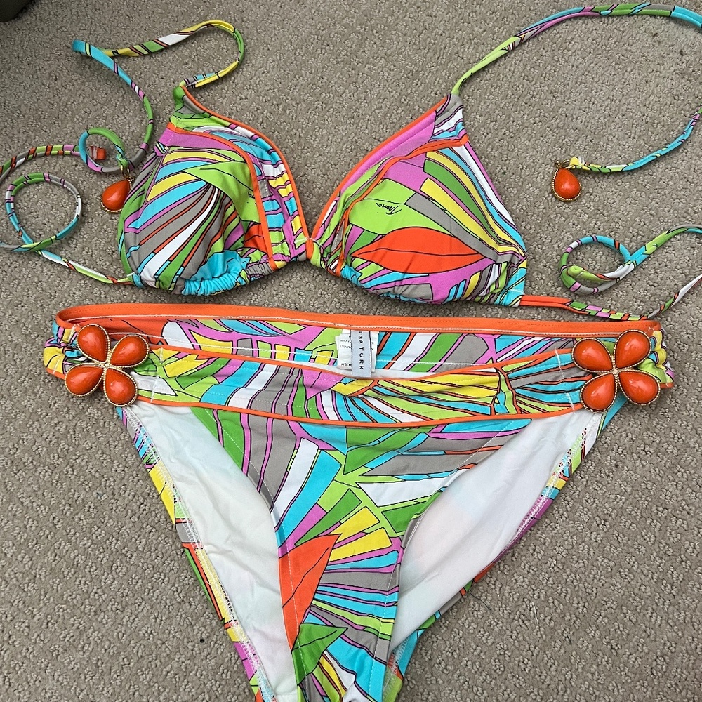 Trina Turk Bikini Set Multicolor Abstract Print Triangle Top & Mid-Rise Bottoms